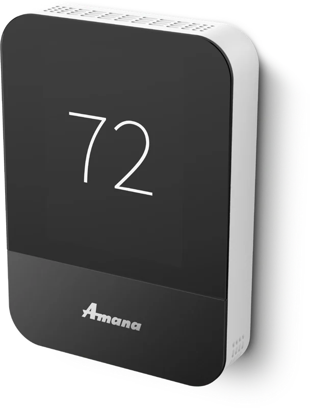 Amana Brand smart thermostat with a black touchscreen showing 72 degrees