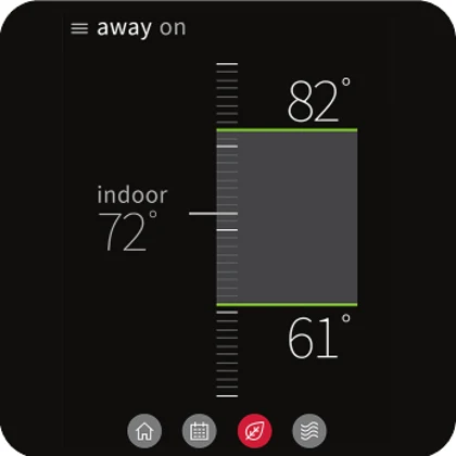 Amana smart thermostat away screen showing wider away temperature limits