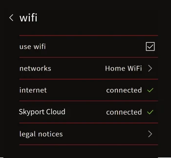 Amana smart thermostat Wi-Fi settings screen showing the network, internet and cloud connection status